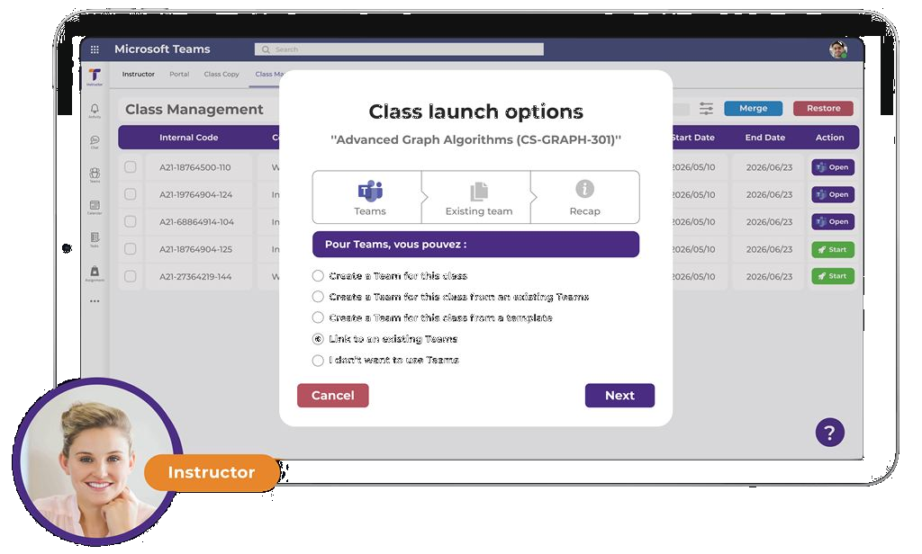 Teameo class management interface for instructors